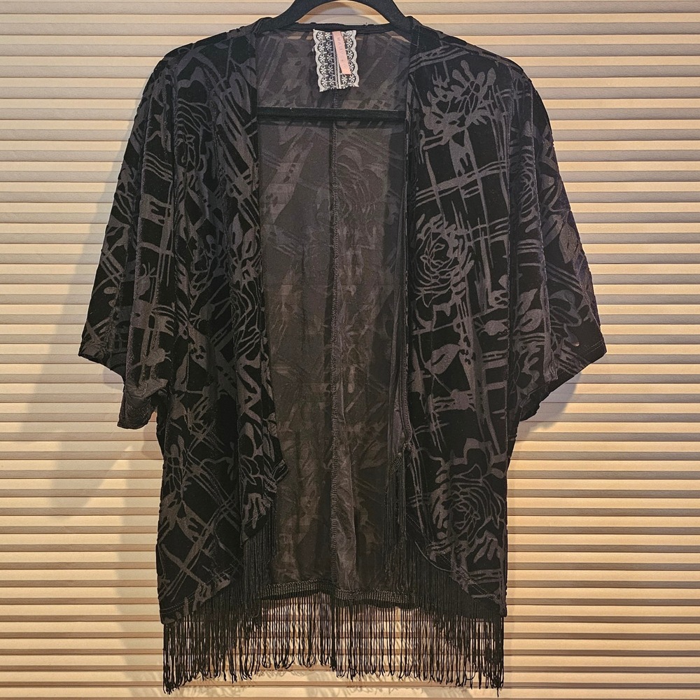 Mauve Anthropologie Black Burnout Velvet Floral Fringe Kimono Cardigan Wrap M